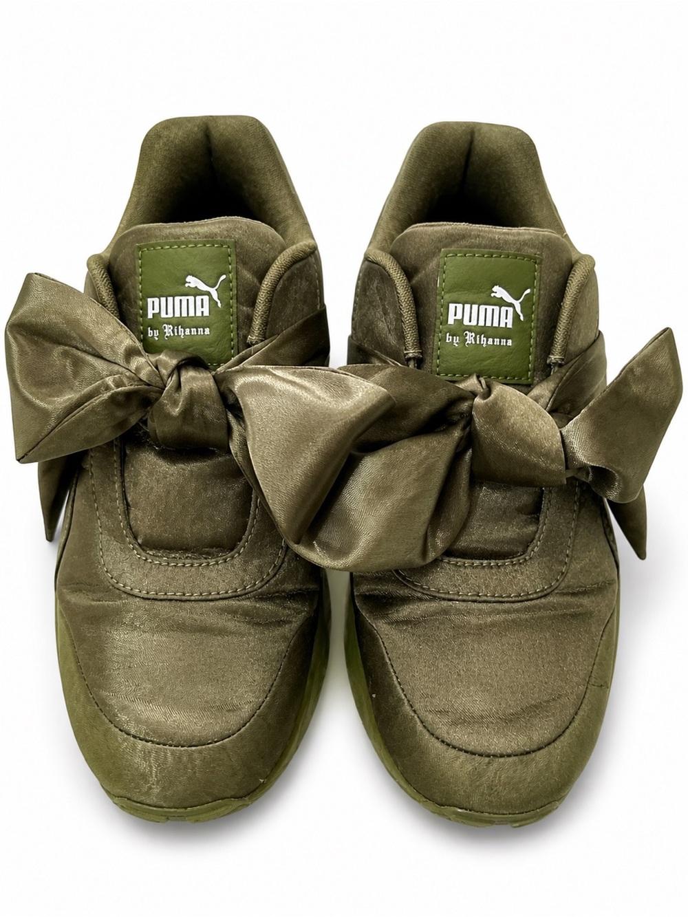 Rihanna Puma Olive Green Satin Bow Sneakers - Picture 1 of 6
